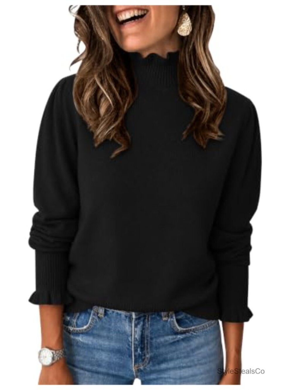 Ruffle Mock Neck Puff Sleeve Pullover Sweater Lightweight Knit Fall